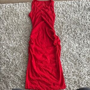A New Day Red Asymmetrical Ruched Midi Dress
